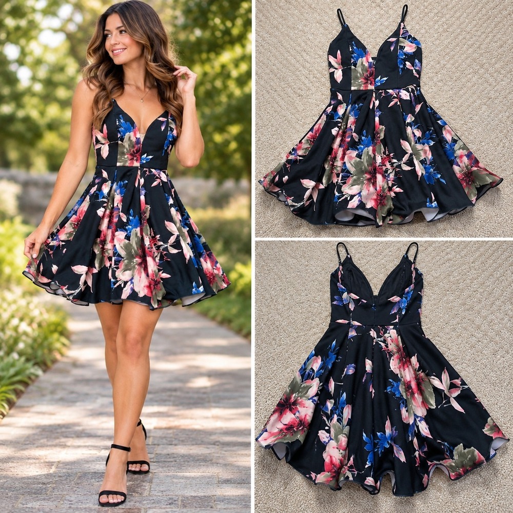 Windsor Floral Flowy skater Dress S Black Pink Blue V Neck Boned Bust Strappy
